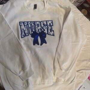 Gildan White Sweatshirt with Blue NURSE AND SEQUINS BOW Graphic NWOT